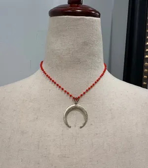 Red Beaded Necklace with Gold Crescent Pendant thumbnail 1