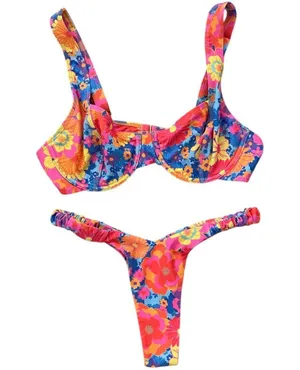 Kulani Kinis Bikini Set Sapphire Sun Floral Retro Y Thong Underwire Bralette M/L thumbnail 1