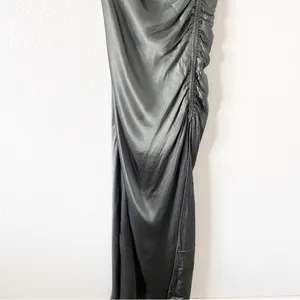 Shona Joy La Lune Olive Satin Ruched High Slit Formal Maxi Dress Gown thumbnail 7