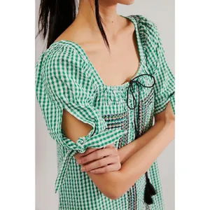 Free People Bohemian Embroidered Gingham Seersucker Cass Maxi Dress Green Small thumbnail 7