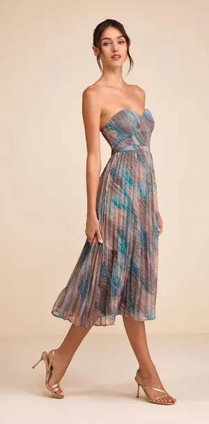 Lulus Juniva Teal Multi Abstract Print Pleated Bustier Midi Dress Cocktail S NWT thumbnail 1