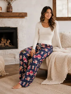 Navy Floral Wide Leg Lounge Pants Drawstring Waist NWT thumbnail 2