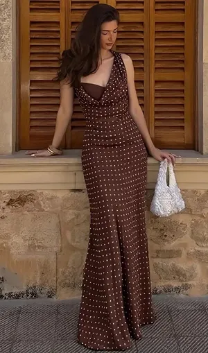 Zara Elegant Brown Polka Dot Cowl Neck Maxi Dress thumbnail 1
