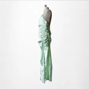 Zara Pastel Green Blue Printed Satin Midi Ruched Side Slit Summer Sundress S thumbnail 9