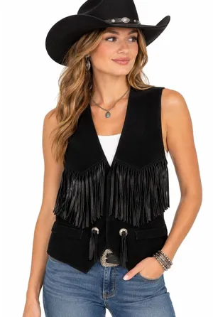 Spring West Black Genuine Leather Suede Fringe Western Vest Conchos Womens M thumbnail 1
