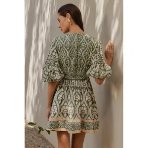 Anthropologie‎ Ash Eden Women 100% Cotton Mini Wrap Dress XS Green Cottage Party thumbnail 4