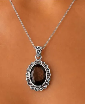 Sterling Silver Art Deco Style Quartz Marcasite Pendant /Sterling Plate Chain thumbnail 1