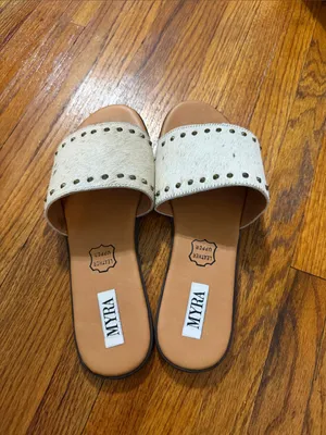 Myra Bag Cream Hair-On Leather Slide Sandals with Stud Accents thumbnail 3