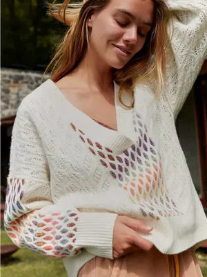 Anthropologie Maeve V-Neck Cable-Knit wool Sweater Sz S cream thumbnail 1