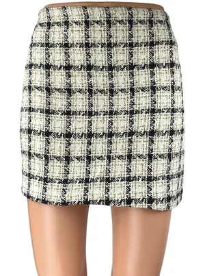 NEW Windsor Ivory Black Gold Metallic Tweed Plaid Mini Pencil Skirt Size S thumbnail 1