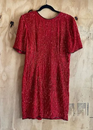 Vintage Stenay 80s Red Silk Beaded Sequined Formal Cocktail Dress Sz L thumbnail 1