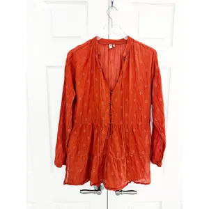 Free People Pilcro Anthropologie Rust Orange Tiered Tunic Blouse Embroidered Boho Cotton thumbnail 3