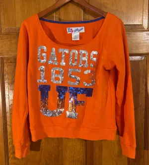 E5 College Classics Women’s Florida Gators UF Orange W/Sequins Sweatshirt Sz L thumbnail 1
