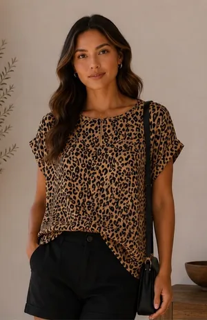 Pink Rose Leopard Print Blouse Women’s M Tan Black Short Sleeve Relaxed Top thumbnail 1