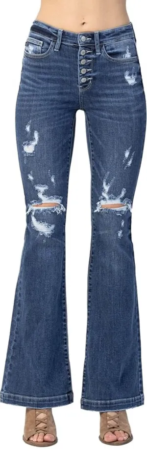Judy Blue Los Angeles Distressed Trouser Flare Jeans in Blue. Size-15 thumbnail 1