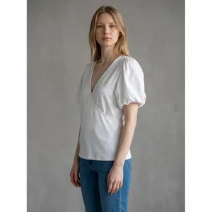 Boston Proper White Puff Sleeve Wrap Top‎ V-Neck Cotton Stretch 32310102 XL thumbnail 2