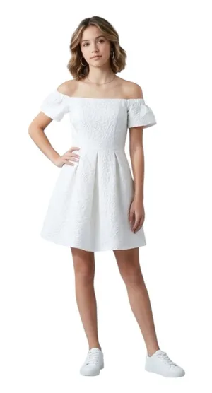Luxxel White Off-Shoulder Textured Floral Scarlet Jacauard Dress With Pockets M thumbnail 1
