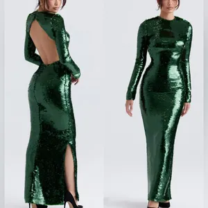 NEW HOUSE OF CB Belle Pine Green Sequin Open Back Long Sleeve Dress sz XS thumbnail 2