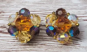 Vintage Clip On Earrings Amber Tone & Dark Iridescent Cluster thumbnail 1