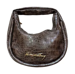 PrettyLittleThing Brown Faux Croc Embossed Hobo Shoulder Bag Y2K Slouchy Purse thumbnail 1