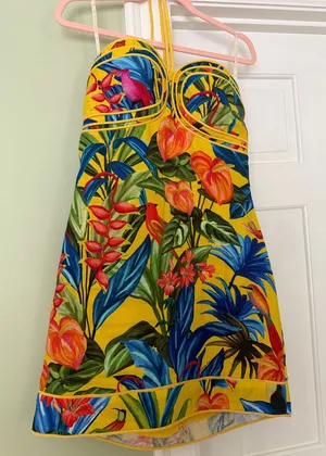 Farm Rio yellow tropical bright nature linen halter dress thumbnail 1