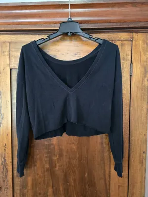 aerie Black Boatneck Drop Back Long-Sleeve Cropped Top Off The Shoulder Medium thumbnail 2