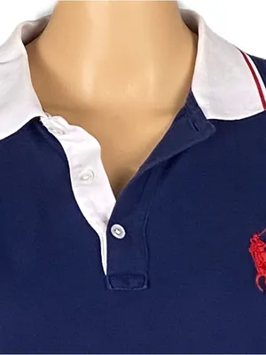POLO Ralph Lauren navy blue Polo shirt w/large red Polo logo & white trim Medium thumbnail 3