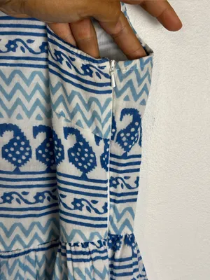 Oliphant Blue White Block Print Tiered Cotton Mini Dress Sleeveless Ruffle Small thumbnail 7