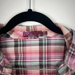 Prana Womens XS Plaid Henley‎ Pullover Long Sleeve Roll Tab Shirt Pink Brown thumbnail 2