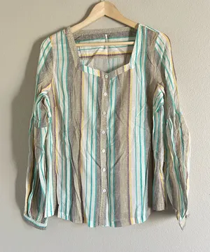 Free People Striped Cotton Button-Front Women's Top Large thumbnail 1