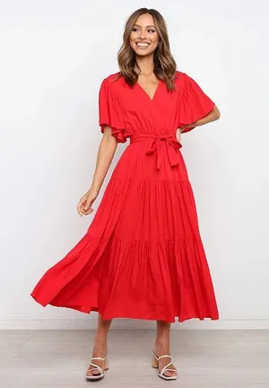 Boutique Bright Red V-neck Flutter Sleeve Midi Dress thumbnail 1