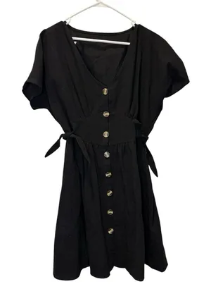 Womens Black Button Front Dress V Neck Tie Waist Short Sleeve Mini Large Classic thumbnail 1