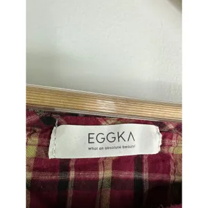 Eggka Peasant Milkmaid Crop‎ Top Red Cream Plaid Long Sleeve Button Front Small thumbnail 5
