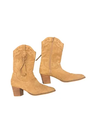 SHIBEVER Suede Mid-Calf Cowboy Boots Tan Western Block Heel Size 40 / US 8.5 thumbnail 3