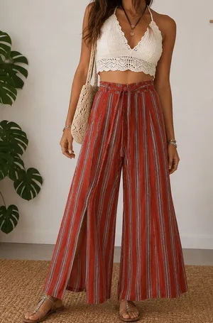 Simplee Rust Red Striped Wide Leg Pants Tie Waist Boho L‎ NWT thumbnail 1