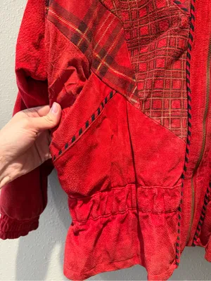 Vintage CHIA Red 100% Leather Patchwork Plaid Western Jacket Bomber Size Medium thumbnail 5