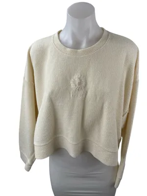 Billabong Women's Cream Embroidered Long Sleeve Crop Sweatshirt Sweater Top Sz M thumbnail 1