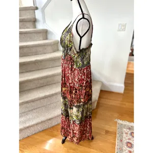 Source Unknown Vintage Boho Red, Yellow & Grey Paisley Floral Shirred Tiered Midi Dress thumbnail 3