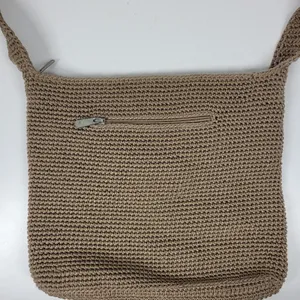 Vintage Sak Crochet Shoulder Bag 10" Dark Tan Nylon Ladies Handbag Pockets thumbnail 9