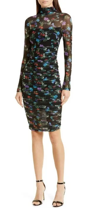 Alice + Olivia Delora Floral Black Mesh Ruched Turtleneck Dress Size 4 Romantic‎ thumbnail 1