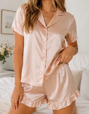 Womens Satin Pajama Set Champagne Pink Short Sleeve Loungewear NEW Bridal Sleep thumbnail 1