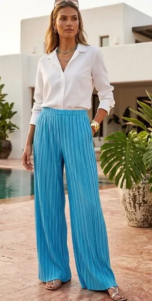 FRNCH Nouma Blue Pleated Wide Leg Pants Size M NWT Parisian Plisse Satin Trouser thumbnail 1