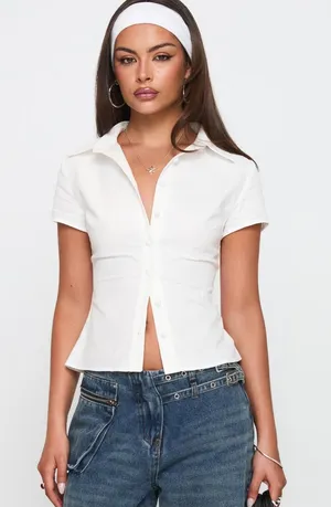 Princess Polly Lift Off White Button Up Top thumbnail 1