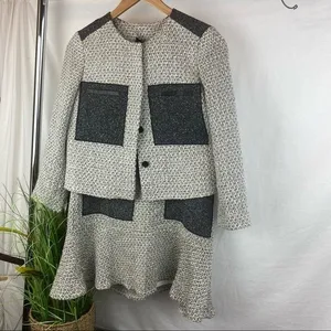Ann Taylor SET Gray Woven Collarless Parchwork Jacket & Skirt NEW thumbnail 3