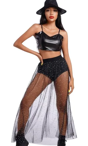 Black Sheer Tulle Maxi Skirt Med Built in panty Rhinestone Mesh Festival Rave thumbnail 1