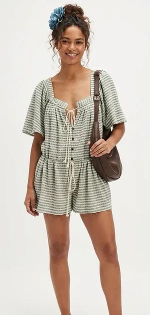 Free People County Line Romper Green Combo XS Oversized Square Neck Gingham Boho thumbnail 1