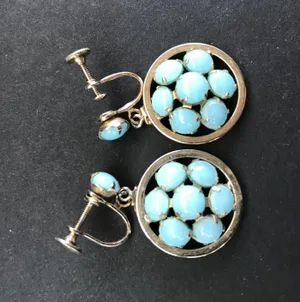 Vintage Aqua Silver Tone Faux Stone Circle Dangle Screwback Earrings Screw Back thumbnail 2