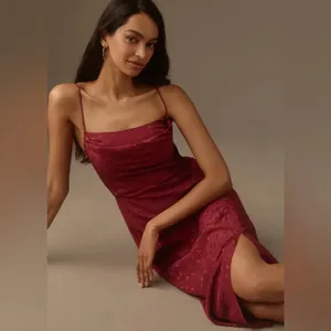 By Anthropologie Asymmetrical Slip Midi Dress Maroon Floral Printed Size 12 thumbnail 2