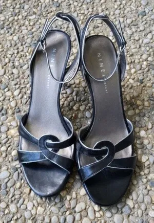 Nine & Co. Heels - Leather Upper Black with Silver Trim Ankle Tie - Size 6 thumbnail 1
