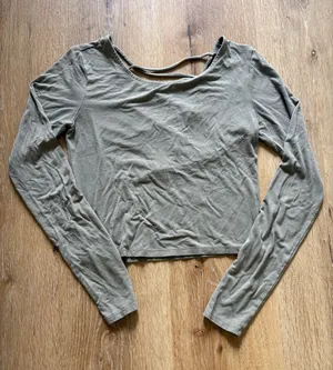 Forever 21 Olive Green Crop Long Sleeve Top with Criss Cross V Neck Back thumbnail 1